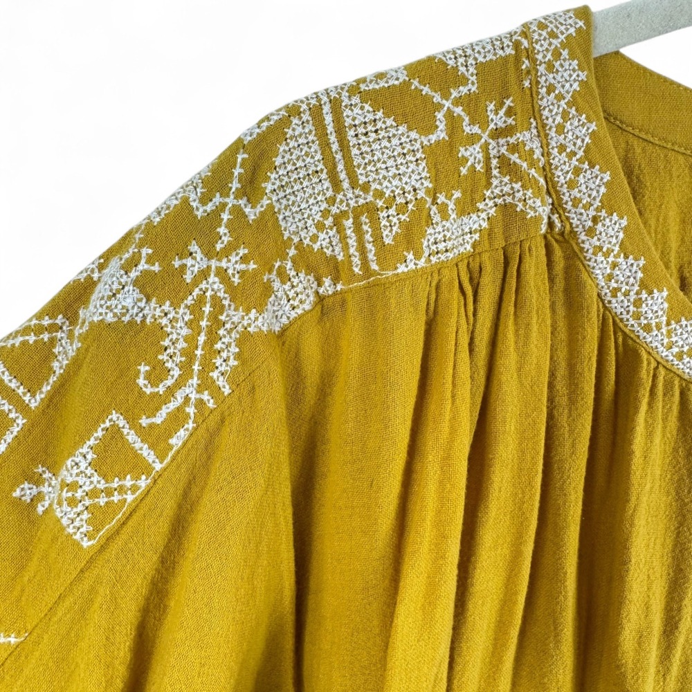 Sundance Mustard Yellow Embroidered Cotton Gauze Button Up Top Oversized XL Boho - Picture 3 of 8